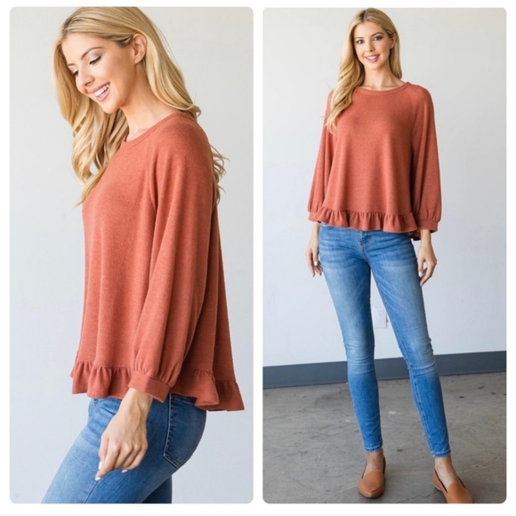 🧡6/$25🧡SUPER SOFT RUST RUFFLE TOP-NEW - Picture 2 of 2